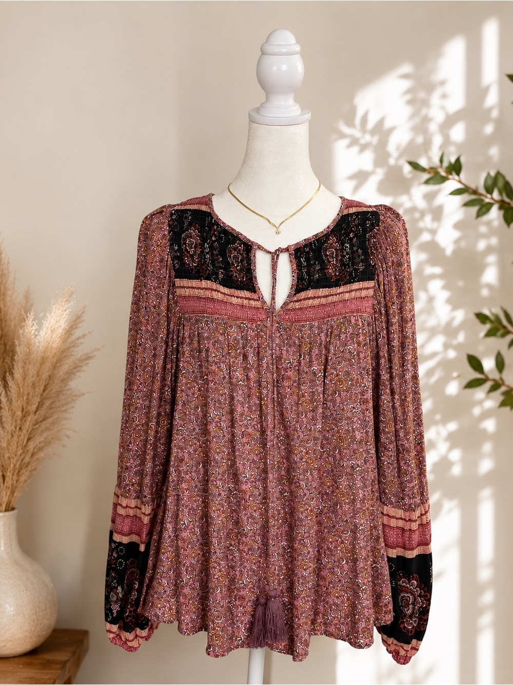 Grace + Karma Boho Floral Peasant Blouse Pink Black Tassel Tie Size S